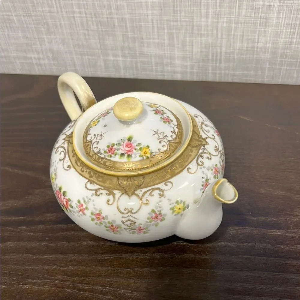 Antique Noritake Nippon Maple Leaf Teapot 1891 Hand Painted Gold Pink Roses